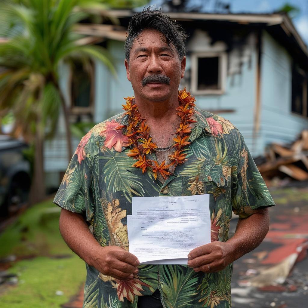 a hawaiian holding papers for his fire damaged house on Oahu