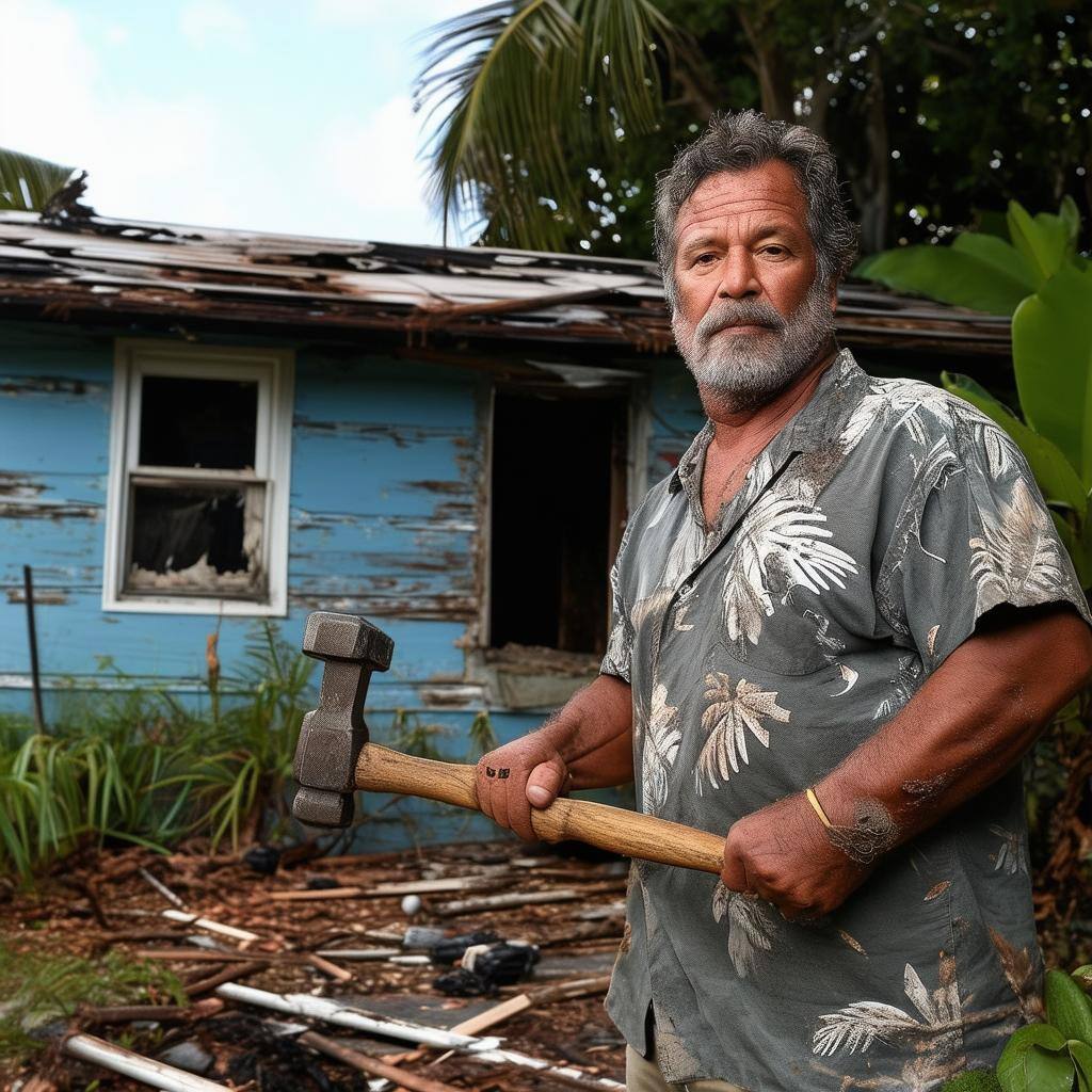 a man standing outside his Hawaiian Physically Distressed Home holding a hammer